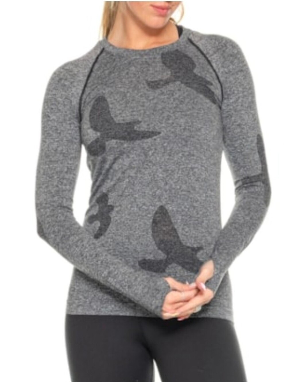 Oiselle Flyte Long Sleeve Seamless Birds Shirt Heathered Grey Womens M
